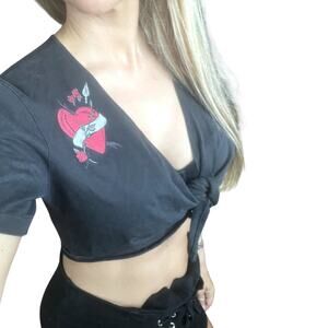 Vintage 90's CONTEMPO CASUALS Tie Front Tattoo Crop Top GRUNGE GOTH Tee Heart